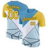 Custom Blue Yellow White-Black 3D Pattern Design Geometric Shape Sport Wear Performance T-Shirt