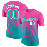 Custom Pink Aqua-White 3D Pattern Design Gradient Style Twinkle Star Performance T-Shirt
