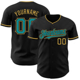 Custom Black Teal-Old Gold Authentic Baseball Jersey