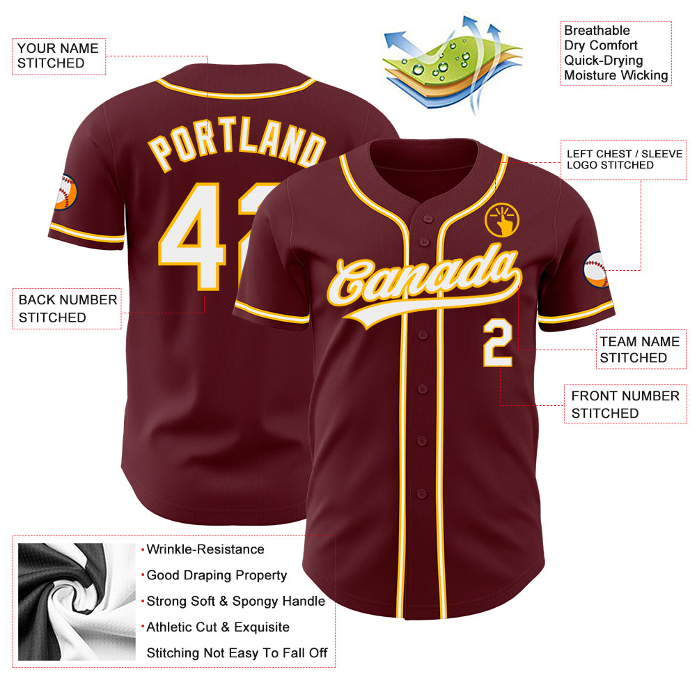 Custom Burgundy White Gold Authentic Baseball Jersey Sale UKSN INC