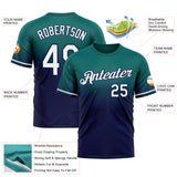 Custom Teal White-Navy Fade Fashion Performance T-Shirt