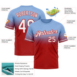 Custom Light Blue White-Red Fade Fashion Performance T-Shirt