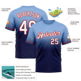 Custom Light Blue Navy-Red Fade Fashion Performance T-Shirt