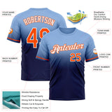 Custom Light Blue Orange-Navy Fade Fashion Performance T-Shirt
