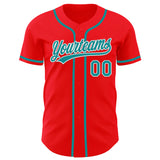 Custom Fire Red Teal-White Authentic Baseball Jersey