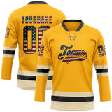 Custom Gold Vintage USA Flag Black-Cream Hockey Lace Neck Jersey