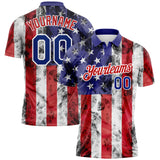 Custom White Royal-Red 3D American Flag Performance Golf Polo Shirt