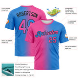 Custom Powder Blue Pink-Black Gradient Fashion Performance T-Shirt