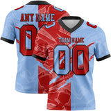 Custom Light Blue Red-Black Mesh Authentic Gradient Fashion Scratch Football Jersey