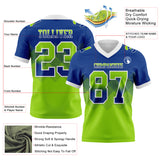 Custom Royal Neon Green-White Mesh Authentic Gradient Square Shape 7V7 Flag Football Jersey