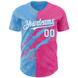 Custom Graffiti Pattern White Pink-Sky Blue 3D Scratch Authentic Baseball Jersey