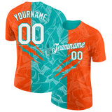 Custom Graffiti Pattern White Orange-Aqua Scratch 3D Performance T-Shirt
