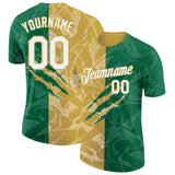 Custom Graffiti Pattern White Kelly Green-Old Gold Scratch 3D Performance T-Shirt