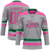 Custom Gray Pink-Kelly Green Hockey Lace Neck Jersey