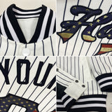 Custom White Black Pinstripe Vintage USA Flag Bomber Full-Snap Varsity Letterman Jacket