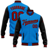 Custom Powder Blue Red-Black Bomber Full-Snap Varsity Letterman Two Tone Jacket