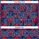 Custom Navy Red-Light Blue Check Board 3D Pattern Design Bomber Full-Snap Varsity Letterman Jacket