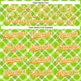 Custom Neon Green Bay Orange-White Check Board 3D Pattern Design Bomber Full-Snap Varsity Letterman Jacket