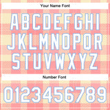 Custom Medium Pink White-Light Blue Classic Western Plaid 3D Pattern Design Bomber Full-Snap Varsity Letterman Jacket