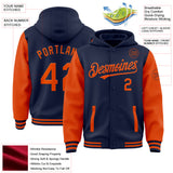 Custom Navy Orange Bomber Full-Snap Varsity Letterman Two Tone Hoodie Jacket