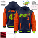 Custom Navy Neon Green-Orange Bomber Full-Snap Varsity Letterman Two Tone Hoodie Jacket