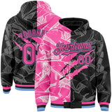 Custom Graffiti Pattern Pink Black-Light Blue Scratch 3D Bomber Full-Snap Varsity Letterman Hoodie Jacket