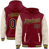 Custom Crimson Navy Cream-Gold Bomber Full-Snap Varsity Letterman Two Tone Hoodie Jacket