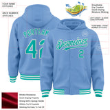 Custom Light Blue Aqua-White Bomber Full-Snap Varsity Letterman Hoodie Jacket