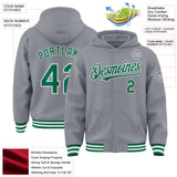 Custom Gray Kelly Green-White Bomber Full-Snap Varsity Letterman Hoodie Jacket