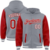 Custom Gray Red-White Bomber Full-Snap Varsity Letterman Two Tone Hoodie Jacket