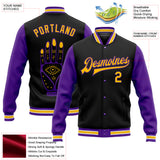 Custom Black Gold-Purple Evil Eyes 3D Pattern Design Bomber Full-Snap Varsity Letterman Jacket
