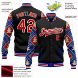 Custom Black Red-Royal Christmas 3D Bomber Full-Snap Varsity Letterman Jacket
