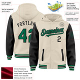 Custom Cream Kelly Green-Black Bomber Full-Snap Varsity Letterman Two Tone Hoodie Jacket