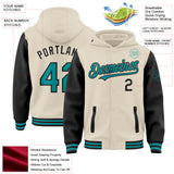Custom Cream Teal-Black Bomber Full-Snap Varsity Letterman Two Tone Hoodie Jacket
