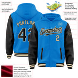 Custom Powder Blue Black-Cream Bomber Full-Snap Varsity Letterman Two Tone Hoodie Jacket