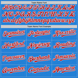 Custom Powder Blue Red-White Bomber Full-Snap Varsity Letterman Two Tone Hoodie Jacket