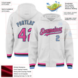 Custom White Pink Light Blue-Black Bomber Full-Snap Varsity Letterman Hoodie Jacket