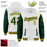 Custom White Green-Gold Bomber Full-Snap Varsity Letterman Two Tone Hoodie Jacket