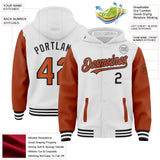 Custom White Texas Orange-Black Bomber Full-Snap Varsity Letterman Two Tone Hoodie Jacket