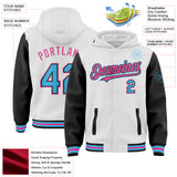 Custom White Sky Blue Black-Pink Bomber Full-Snap Varsity Letterman Two Tone Hoodie Jacket