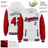 Custom White Red-Navy Bomber Full-Snap Varsity Letterman Two Tone Hoodie Jacket