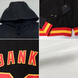 Custom White Vintage USA Flag Olive-Black Bomber Full-Snap Varsity Letterman Two Tone Hoodie Jacket