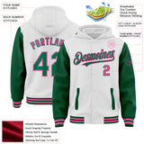Custom White Kelly Green-Pink Bomber Full-Snap Varsity Letterman Two Tone Hoodie Jacket