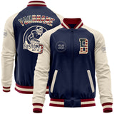 Custom Navy Vintage USA Flag Cream-Maroon Bomber Varsity Letterman Two Tone Zipper Jacket