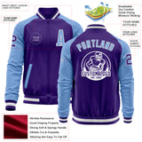 Custom Purple Light Blue-White Bomber Varsity Letterman Two Tone Zipper Jacket