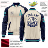 Custom Cream Teal Gray-Navy Bomber Varsity Letterman Two Tone Zipper Jacket