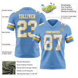 Custom Light Blue White-Gold Mesh Authentic Football Jersey