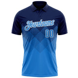 Custom Navy Powder Blue-White 3D Pattern Design Gradient Square Shape Performance Polo Shirt