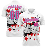 Custom White Pink-Light Blue 3D Gambling Poker And Dice Performance Polo Shirt