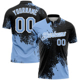Custom Light Blue Black-White 3D Pattern Design Abstract Brush Stroke Performance Polo Shirt